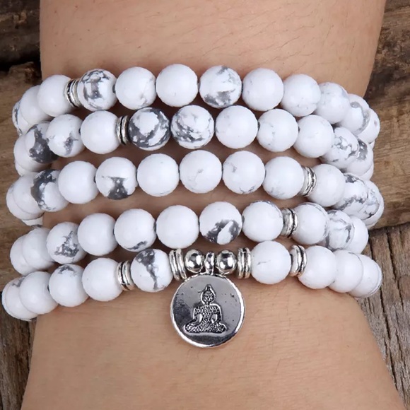 Howlite 108 Bead lotus charm wrap Bracelet Necklace - Picture 2 of 6